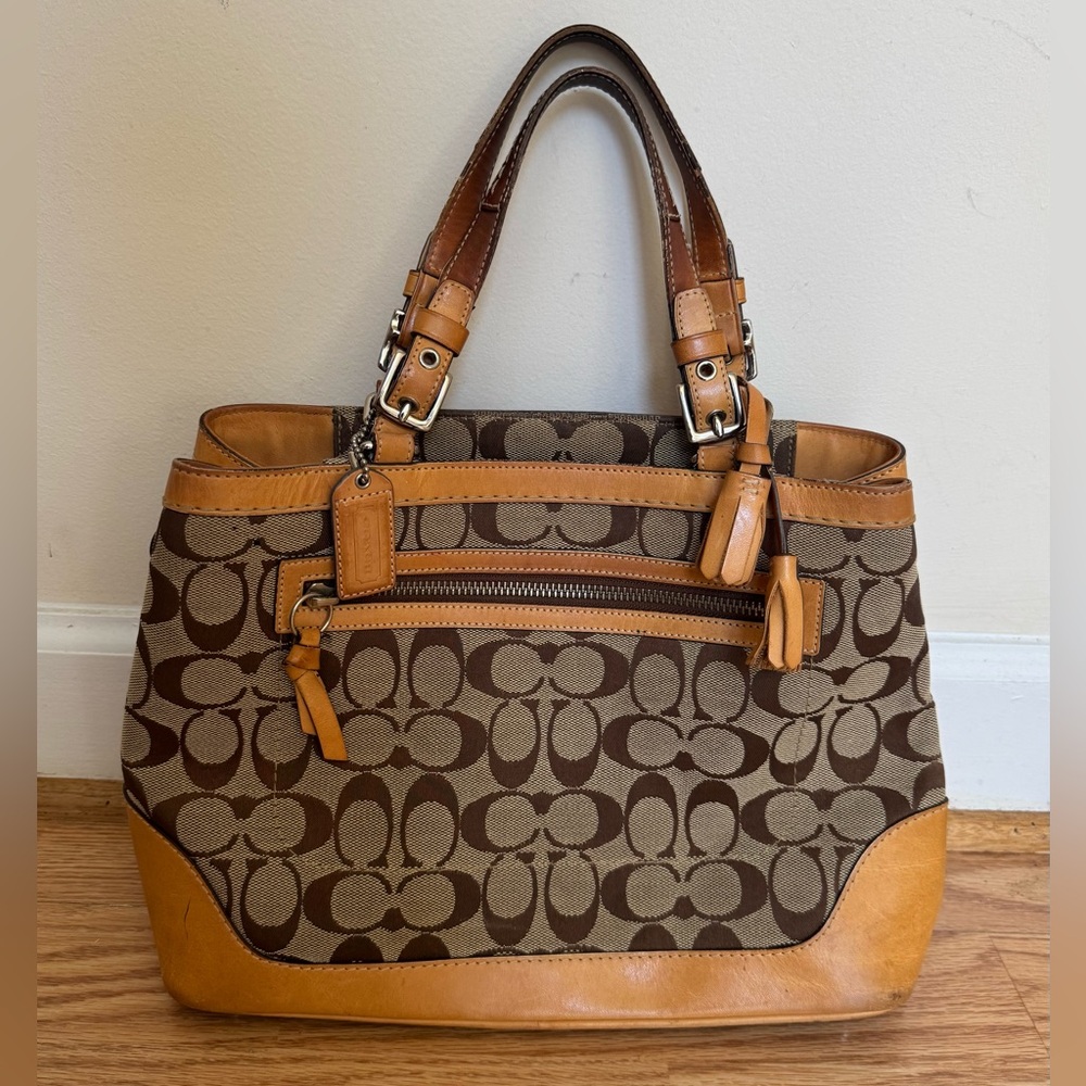 Coach Brown Signature Canvas Tote with Tan Leather Trim
